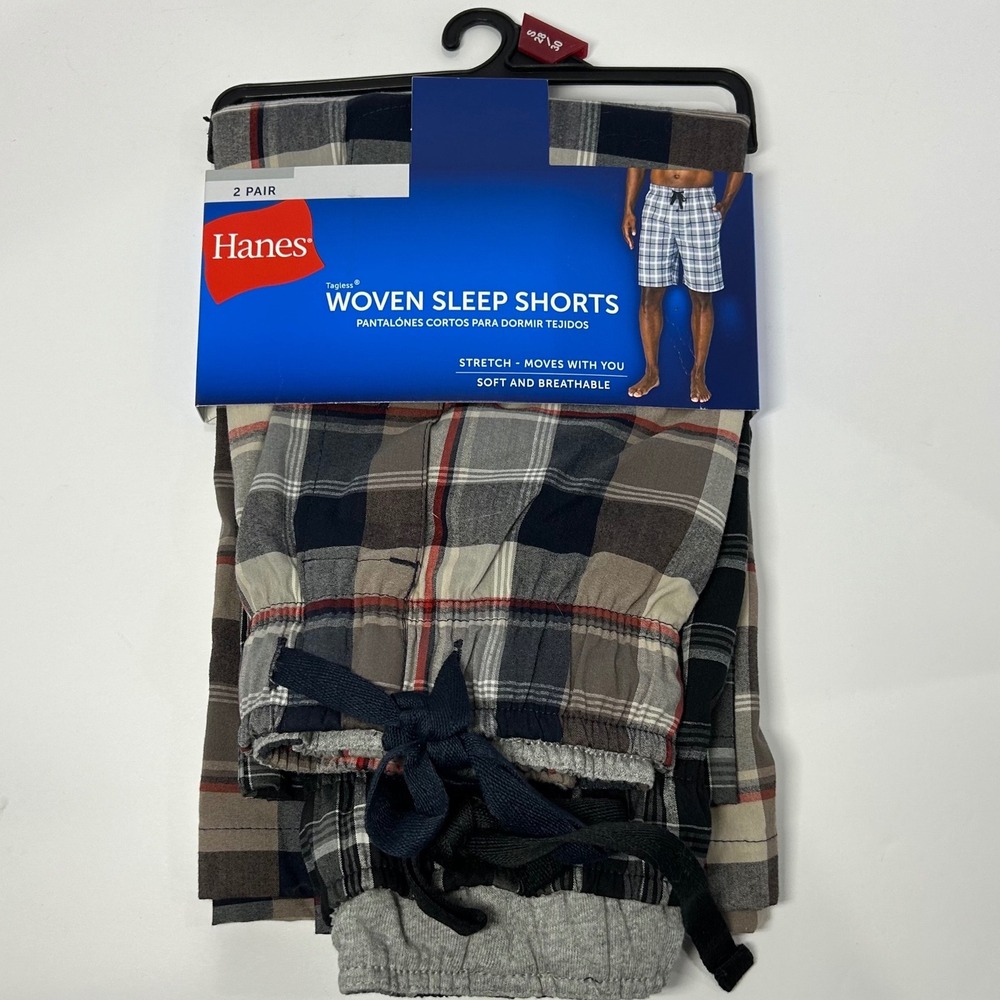 Hanes Mens 2 Pack Woven Plaid Sleep Shorts Brown Black Size Small New